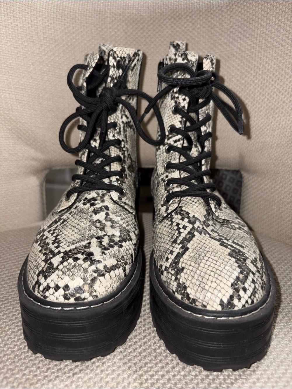 Divided Lace-Up Platform Boots in Black & White Snake Print